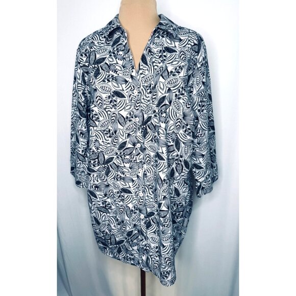 Foxcroft Faith Layered Leaves Button-Up Blouse Top 18W Black White Wrinkle-Free - Picture 1 of 14